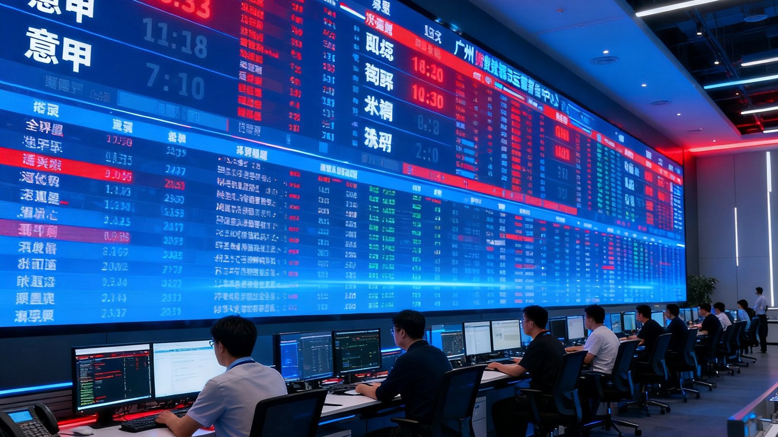 500比分广州数据运营中心内，一面巨大的LED屏幕墙实时滚动显示全球各大联赛的比分和数据，工作人员专注监控数据流